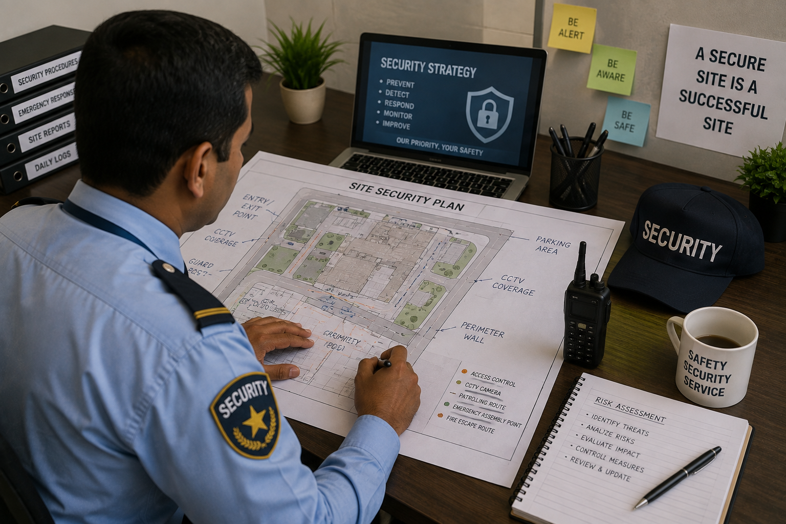Professional security team monitoring a site